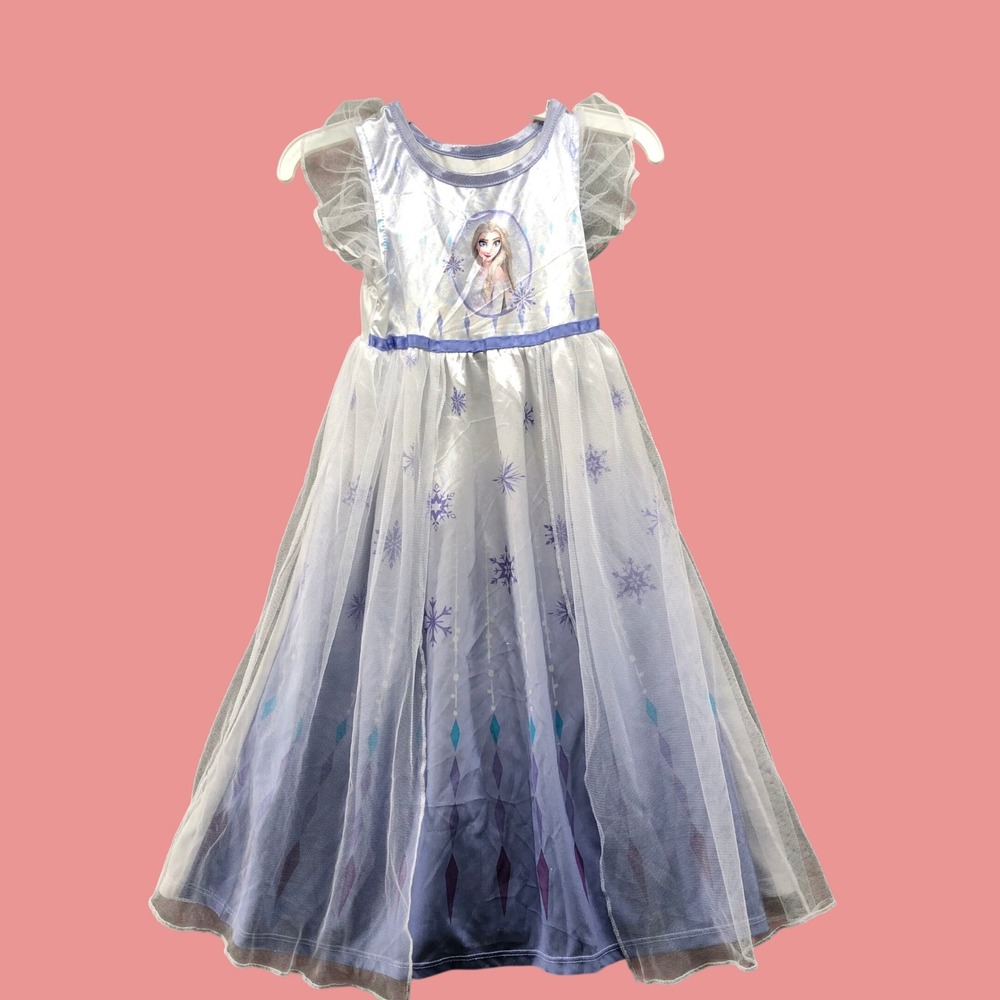 Disney Frozen Elsa Nightgown Dress Girls 3T Blue White Polyester Mesh Overlay